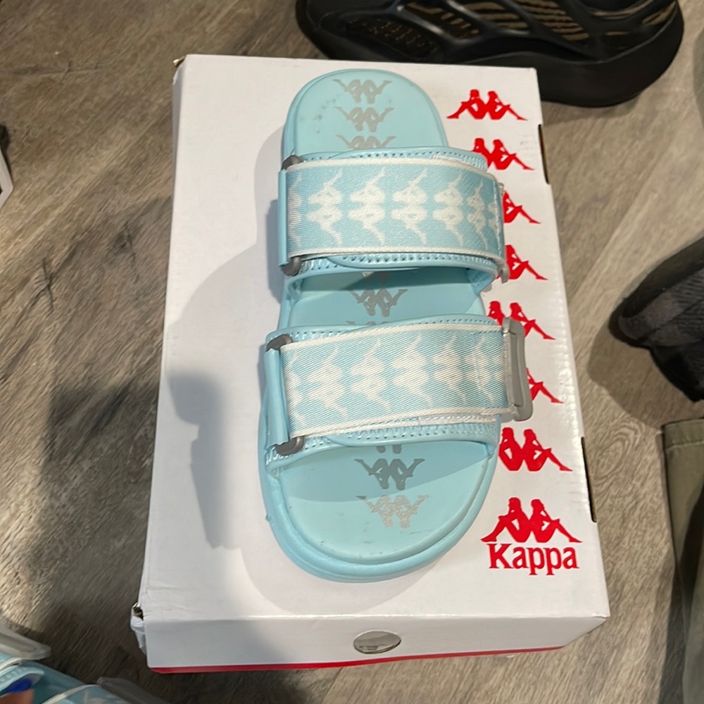 Baby blue kappa slides